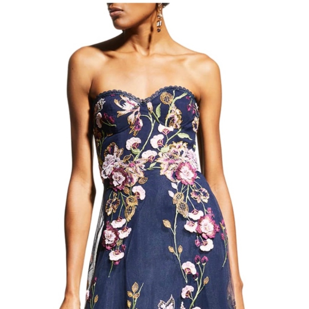 Marchesa Notte strapless high-low embroidered tulle gown